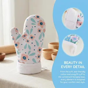 Floral kitchen oven mitt heat resistant baking glove with cotton lining and hanging loop.