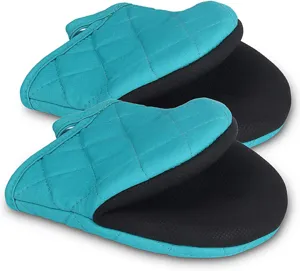 Quilted heat-resistant oven mitts detail, teal and black silicone non-slip kitchen gloves.