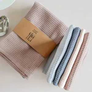 Cotton waffle weave dish towel set, absorbent kitchen dishcloths, solid color square tea napkins.