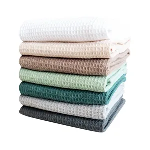 Pure cotton waffle weave dish towel absorbent kitchen tea towel square solid color stack set