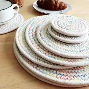 Cotton braided heat insulation mats set, round table coasters for kitchen dining table.