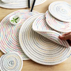 Cotton linen braided heat insulation placemat set, round table mat and coaster for kitchen dining.