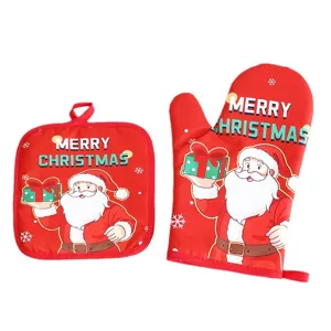Christmas oven mitts and pot holders set insulated heat resistant kitchen baking gloves