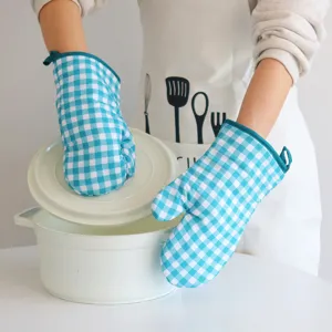 Blue and white checkered oven mitts, thick heat resistant kitchen baking gloves for safe cooking.