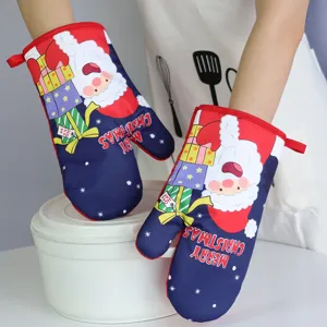 Christmas Santa Claus insulated oven mitts, thickened heat-resistant kitchen baking gloves.