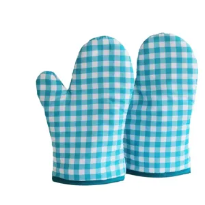 Blue and white checkered oven mitts heat resistant kitchen baking gloves main display