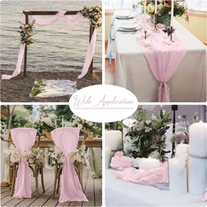 Rosa Chiffon Stoff Tischlaeufer und elegante Hochzeitsbogen Deko fuer tolle Feiern.