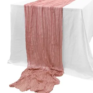 Rosa gekrauseltes Gaze Tischlaeufer fuer Hochzeit Party rustikale Esstisch Dekoration