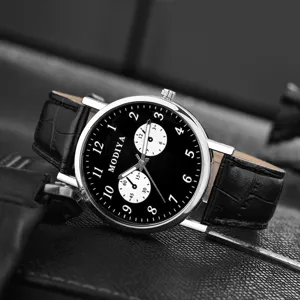 Men casual quartz watch with black dial and leather strap, classic business wristwatch.