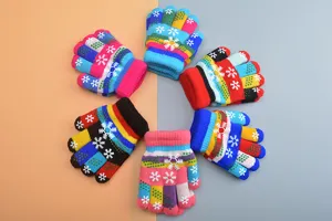Kids colorful knitted winter gloves with cute snowflake patterns for warm daily wear.