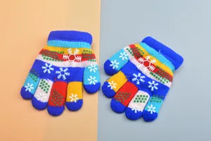 Colorful kids knit gloves with snowflake patterns, thick double-layer warm five-finger design.