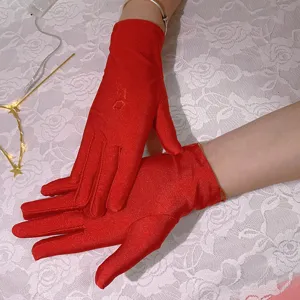 Guanti in raso rosso per donna, eleganti guanti corti in spandex sottile per festa e matrimonio