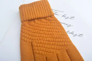 Winter warm knit touch screen gloves detail, mustard yellow thick five finger gloves.