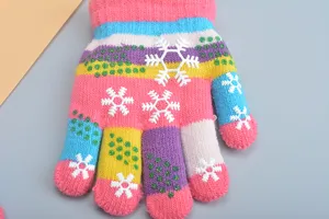 Children colorful knit gloves detail, winter warm five-finger kids glove with cute snowflake.