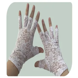 Close-up details of white floral lace fingerless gloves, breathable summer sun protection.