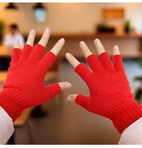 Rote Woll-Halbfinger-Strickhandschuhe für Damen und Herren, warme fingerlose Handschuhe.