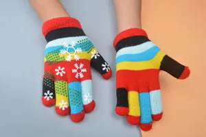 Children winter warm knitted gloves with colorful stripes and cute snowflake patterns for kids.