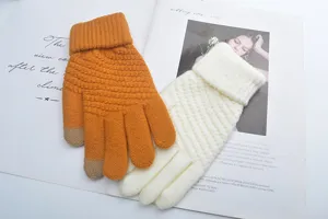 Winter knitted touch-screen gloves with thick warm plush lining for cold weather outdoor.