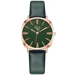 Fashion rhinestone quartz women watch with green dial, square rose gold case and leather strap.