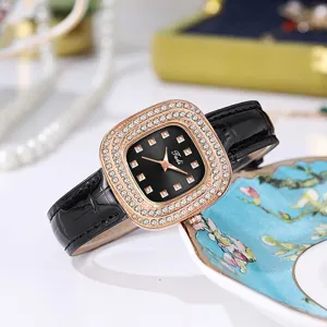 Elegant women square rhinestone quartz watch with black leather strap for stylish daily wear.