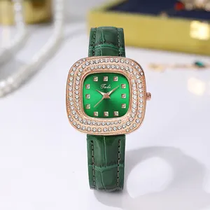 Green square rhinestone quartz watch with luxury leather strap for women elegant fashion daily