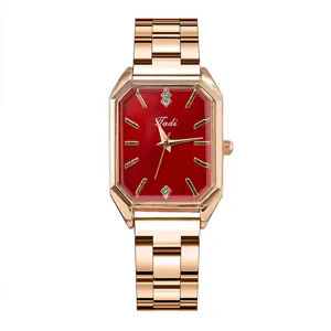 Elegante orologio da donna al quarzo rettangolare con quadrante rosso e cinturino in acciaio.