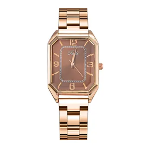 Elegante orologio da polso al quarzo rettangolare in oro rosa con cinturino in acciaio.