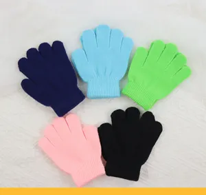 Colorful kids knitted gloves detail view, showcasing soft fabric texture and bright vibrant color options.