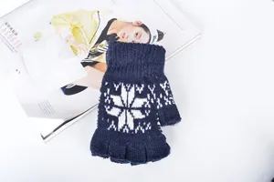 Guanti invernali in maglia senza dita uomo donna caldo blu scuro motivo fiocco di neve chic