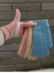 Winter warm knit touchscreen gloves for adults, fleece thick solid color mittens.