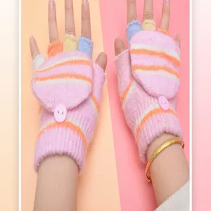 Children winter warm knit half finger convertible gloves detail colorful stripes design.