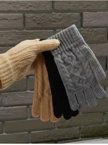 Winter warm knit gloves for adults, solid color outdoor cold-proof wool touchscreen gloves.