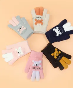 Cute cartoon bear plush kids winter knitted gloves for boys and girls warm fuzzy five finger