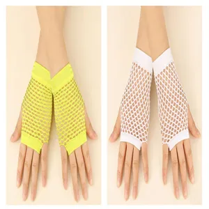 Short fishnet fingerless gloves neon yellow and white mesh party dance performance