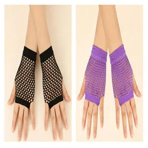 Short fishnet fingerless gloves in black and purple, mesh design for parties and clubs.