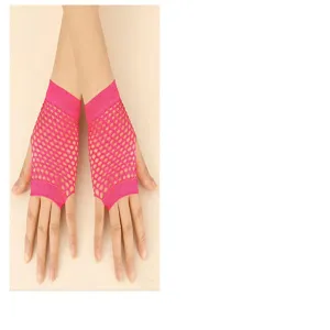 Details of pink fishnet fingerless gloves, showing the mesh texture and short style clearly.