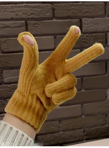 Winter warm knit gloves with two exposed fingers for touch screen, solid yellow wool style.