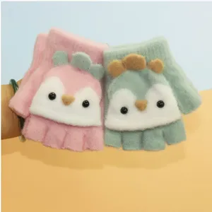 Cute kids half-finger flip gloves, thick warm knitted winter gloves for boys and girls writing.