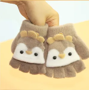 Kids half finger flip gloves cute animal knit warm thick winter gloves detailed view.