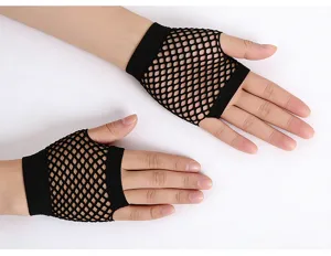 Detail view of short black fishnet fingerless gloves, stylish mesh design for parties.