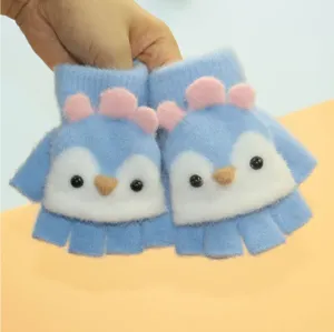 Cute winter half-finger gloves for kids, warm plush knitted mittens with sweet cartoon design.