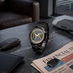 Men quartz watch with black metal strap and gold dial big face casual business fashion accessory