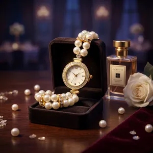 Double row faux pearl elastic stretch quartz watch with rhinestones elegant women bracelet watch