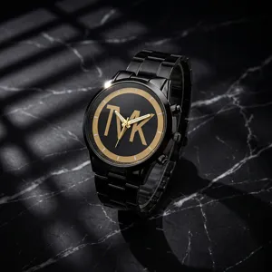 Close-up detail of the luxury quartz men watch featuring bold TVK logo and black strap.