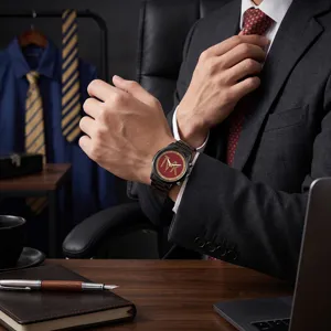 Detailed wrist shot of a men quartz watch with a striking red dial and black metal band.