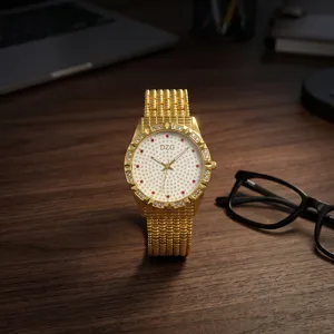 Gold alloy steel strap quartz watch with rhinestone bezel and starry red diamond dial.