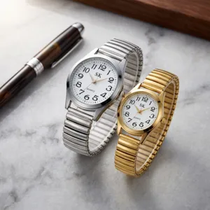 Detail view of quartz wristwatches with expansion bands and large numbers for elderly people.