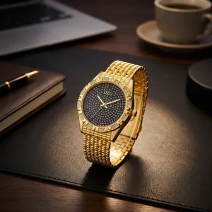 Gold alloy quartz watch with rhinestone bezel and starry dial for women fashion wrist watch