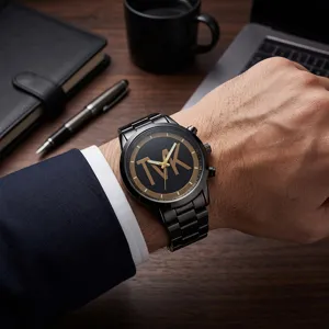 Men's quartz watch with black dial and stainless steel strap, minimalist business style detail.