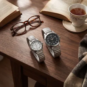 Classic elderly quartz watch pair with clear large Arabic numerals and flexible steel bands.